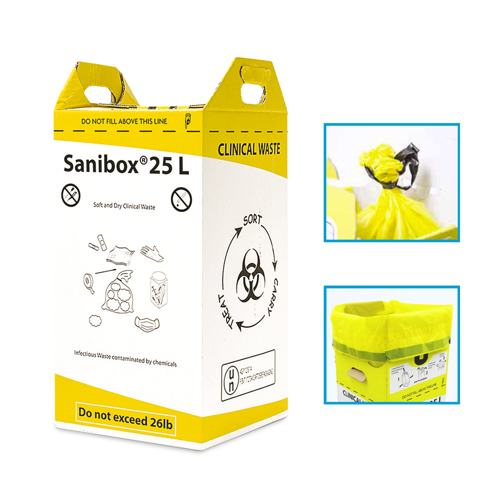 Контейнер-пакет для збору та утилізації медичних відходів Sanibox 25л (міцний PE пакет з затяжками, гофрокартон)